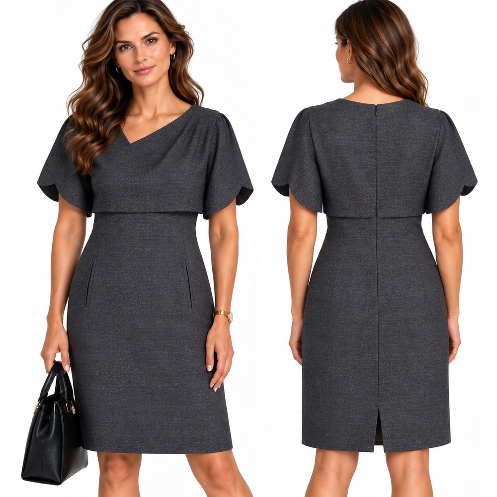 BOSS Asymmetrical Wool Dress 12 Gray Professional Quiet Luxury Designer Office